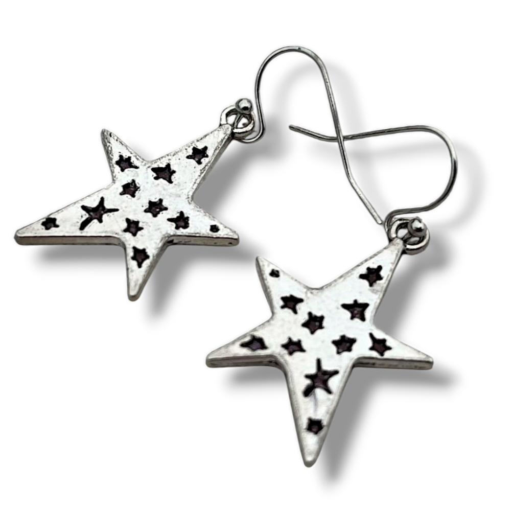 Silvertone Star Dangle Earrings - HYPOALLERGENIC
